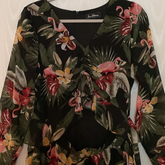 Women’s Sam Edelman Long Trumpet Sleeve Dress in Tropical Flamingo Design - Picture 4 of 9